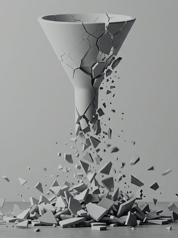 A cracked marketing funnel breaking apart and falling into a pile of fragments