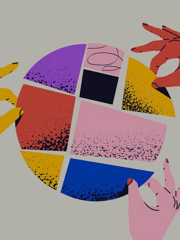 Illustration of hands dividing a segmented pie chart into market share