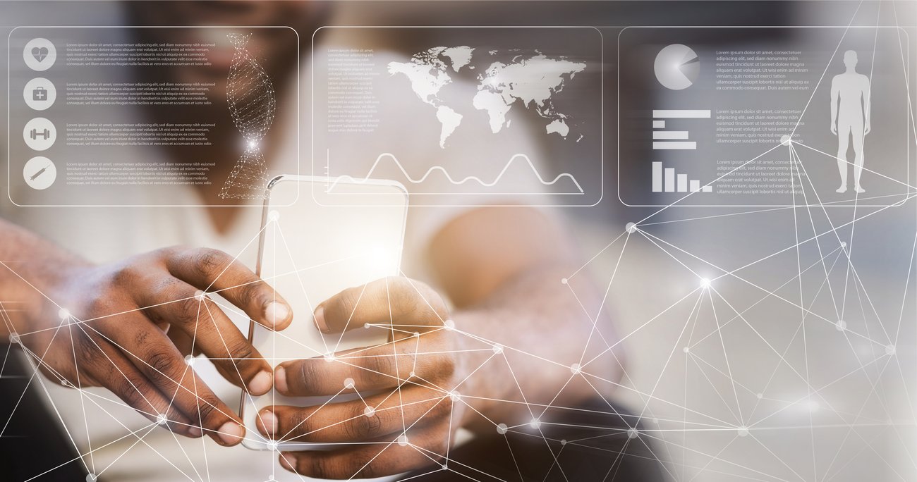 User holding phone with with overlay of data charts