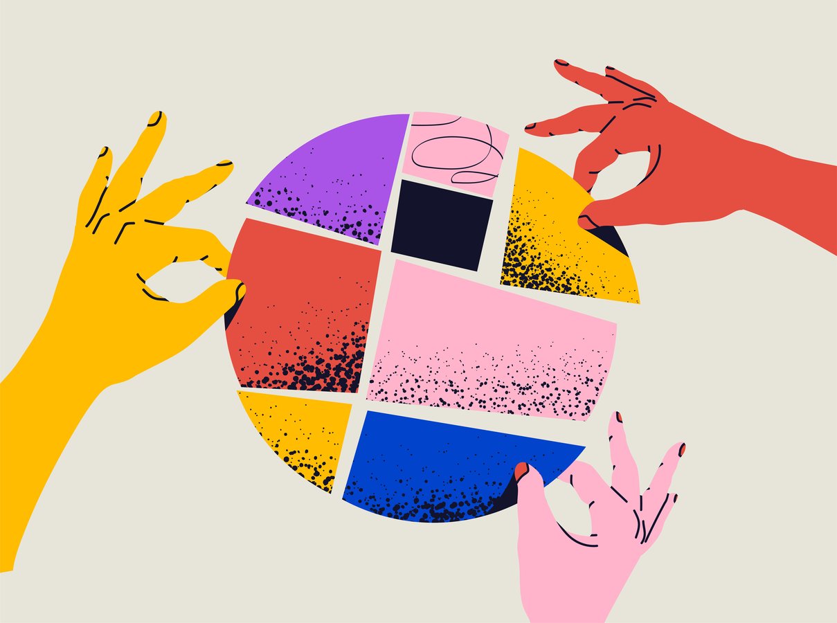 Illustration of hands dividing a segmented pie chart into market share