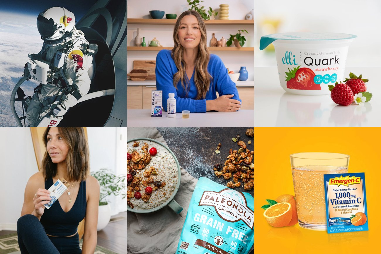 Collage of Cuker CPG client work: Red Bull, GoMacro, Paleonola, and Emergen-C