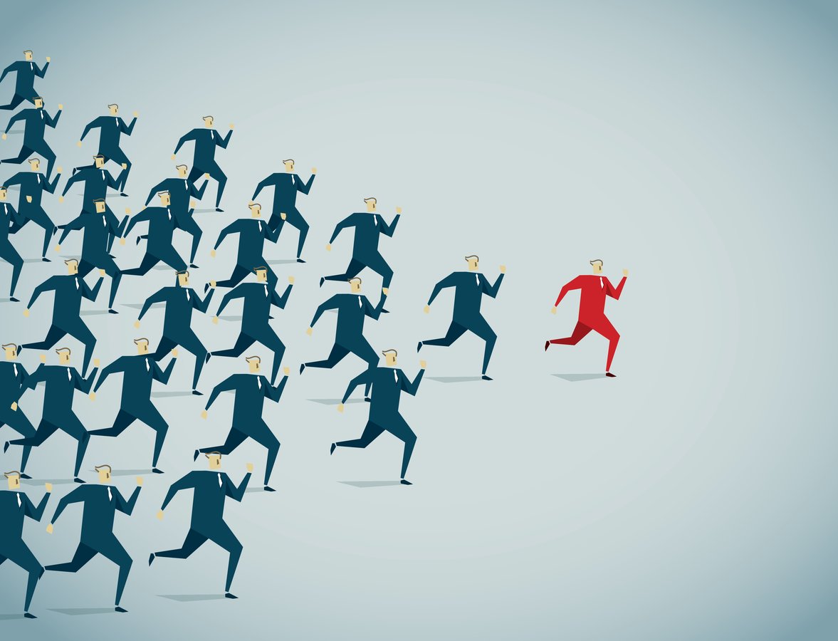 Illustration of a red figure leading a crowd, representing a category leader