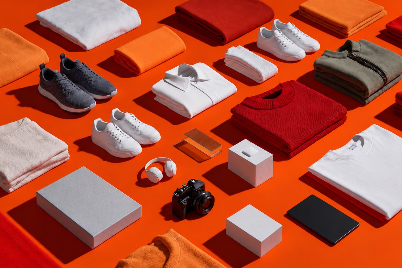 Flat lay of folded apparel, sneakers, and accessories on an orange background