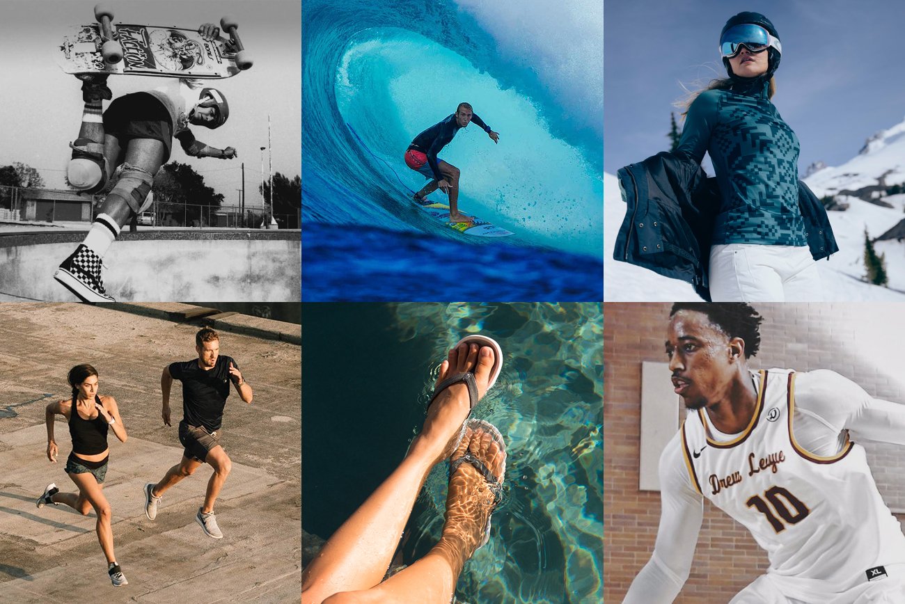 Collage of skate, surf, ski, running, sandal, and basketball apparel imagery