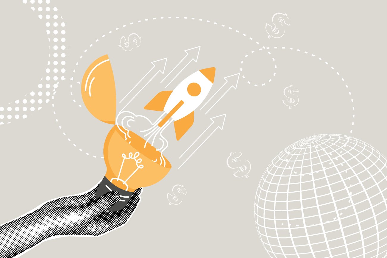 Rocket launching from a lightbulb, symbolizing product innovation driving growth