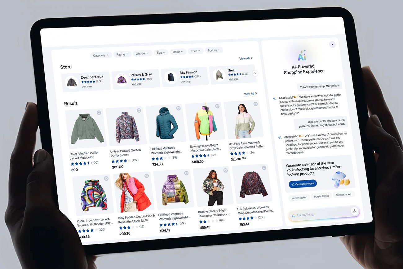 Tablet showing an AI shopping assistant and puffer jackets on a marketplace