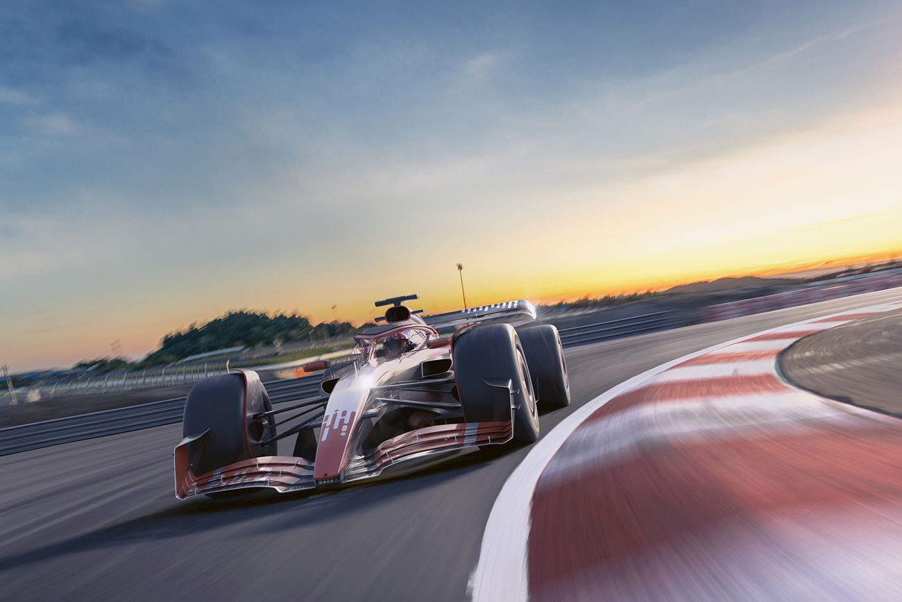 Race car speeding through a track bend at sunset, symbolizing retail velocity