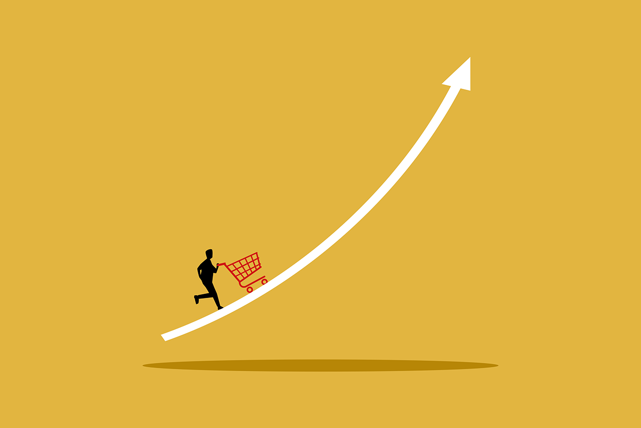 Shopper pushing a cart up a rising arrow, symbolizing online retail sales growth