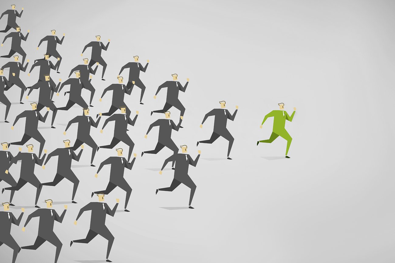 Green figure running ahead of a gray crowd, a category-leading apparel brand