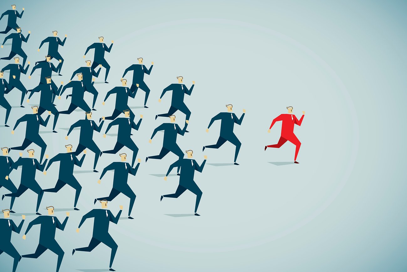 Red figure running ahead of a blue crowd, a category-leading CPG brand