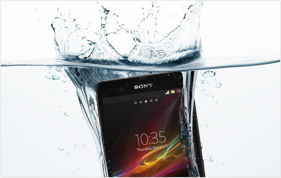 Sony phone with xperia app being submerged in water