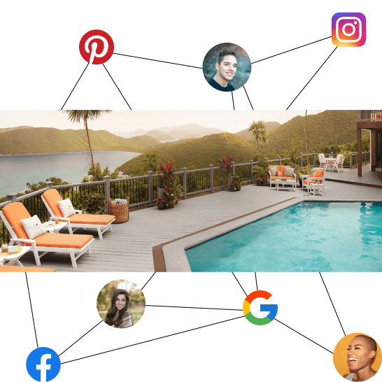Social Network community connection web over a beautiful scenic home with a pool